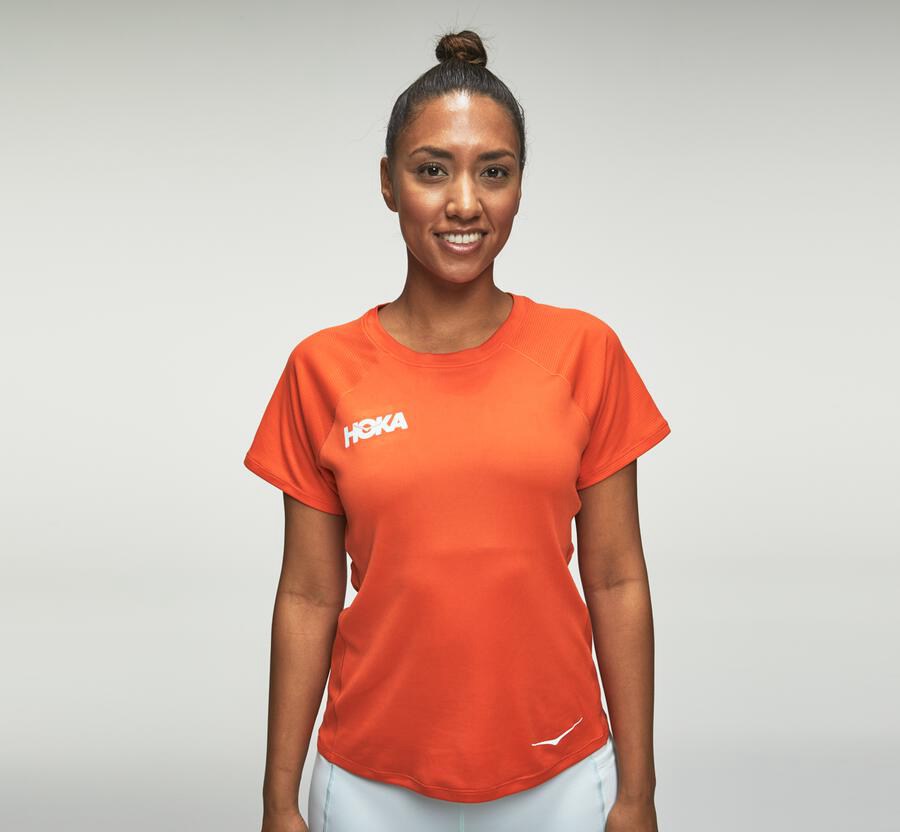 Hoka One One Top Dame - Performance Kort Sleeve - Orange - 749130QKJ